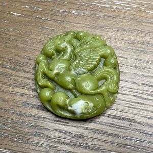 Vintage Large Oval Green Jade Carved Pegasus Flying In Clouds Necklace Pendant